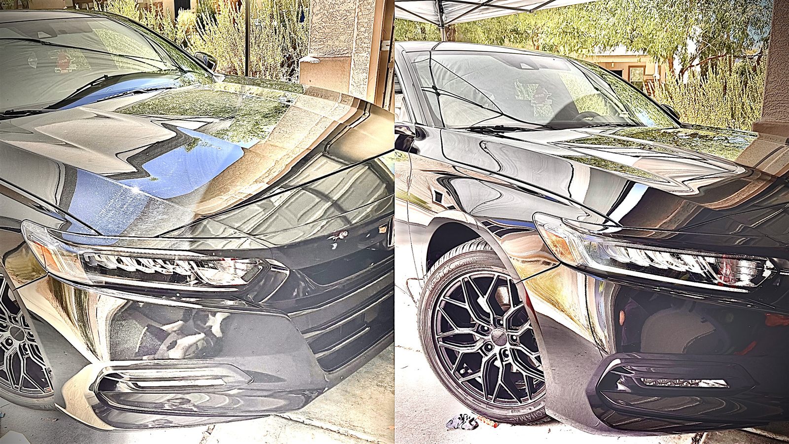 Black Honda Accord — dusty hood before, mirror shine after
